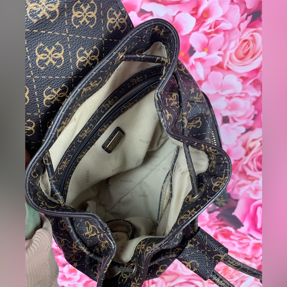 GUESS🤎brown leather like G monogram mini bucket hobo backpack bag - Picture 5 of 13